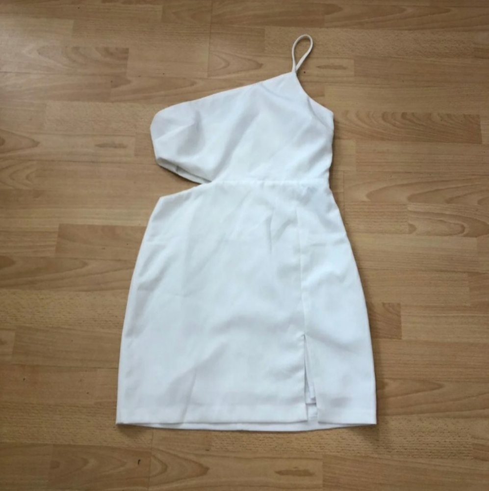 White asymmetrical side cutout dress
